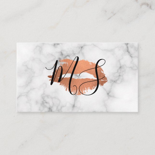 Elegant Script Monogram Glamour Kiss Marble Business Card (Front)