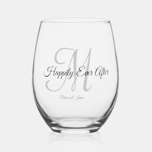 Elegant Script Monogram Happily Ever After Wedding Stemless Wine Glass