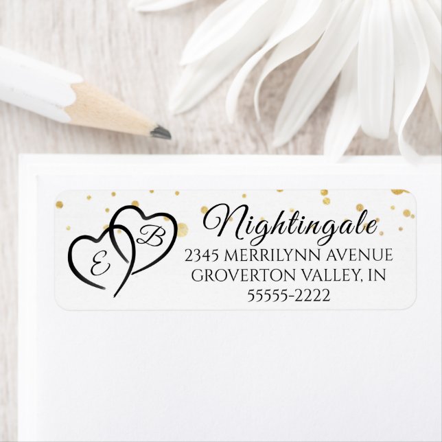 Elegant Script Monogram Hearts Gold Confetti Label (Insitu)