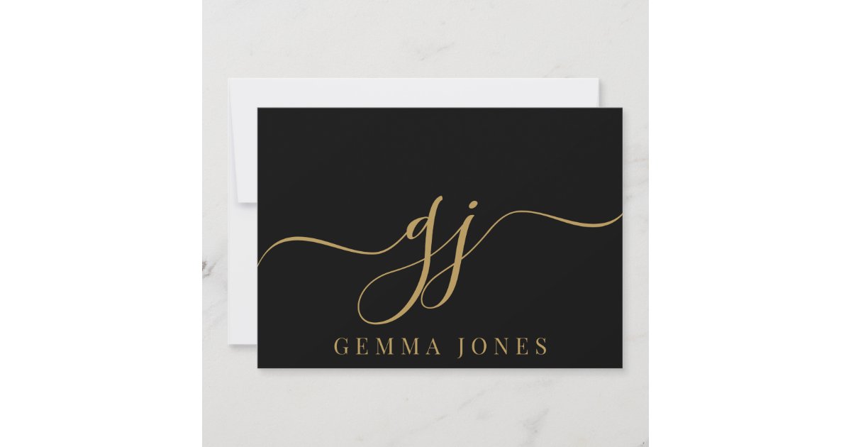 Elegant Script Monogram Initials Name Black Gold Note Card | Zazzle