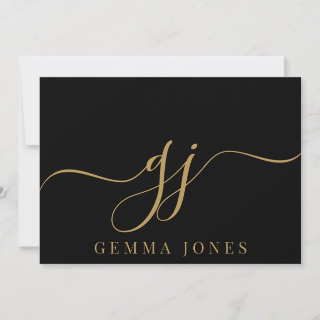 Elegant Script Monogram Initials Name Black Gold  Note Card (Front)