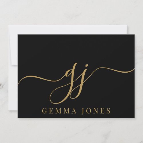 Elegant Script Monogram Initials Name Black Gold  Note Card