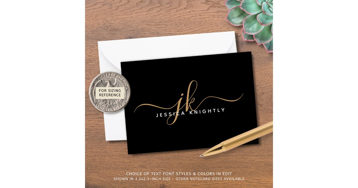 Elegant Script Monogram Initials Name Black Gold Note Card | Zazzle
