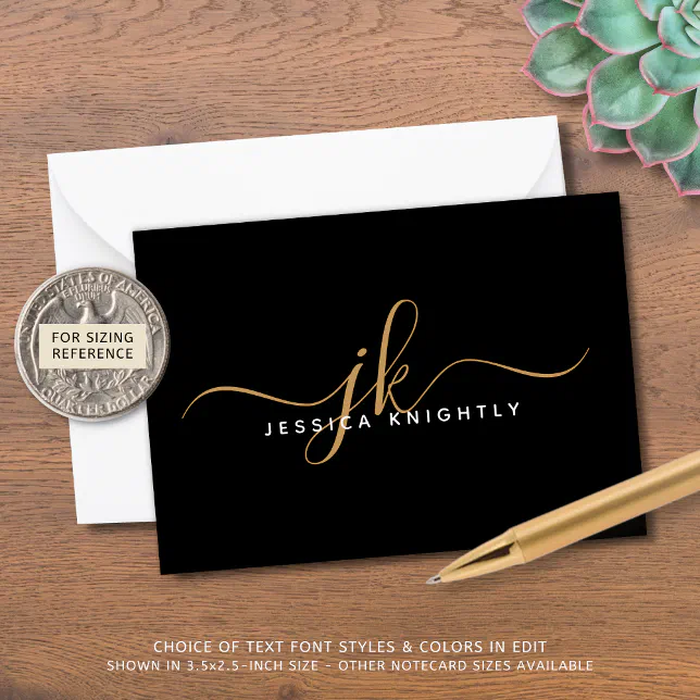 Elegant Script Monogram Initials Name Black Gold Note Card | Zazzle