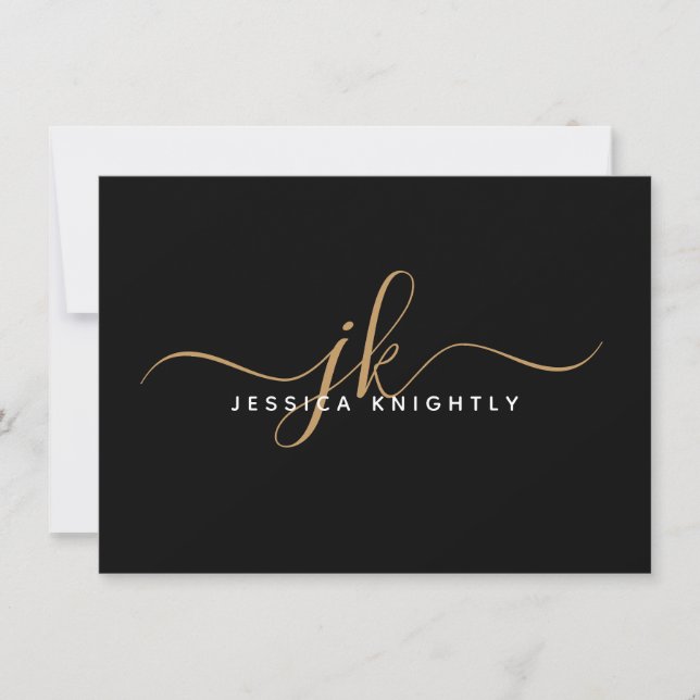 Elegant Script Monogram Initials Name Black Gold Note Card (Front)
