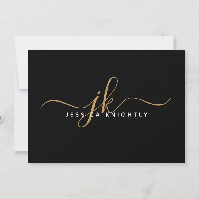 Elegant Script Monogram Initials Name Black Gold Note Card | Zazzle