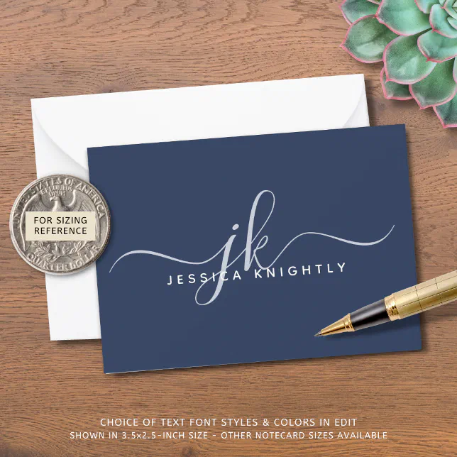 Elegant Script Monogram Initials Name Blue Note Card | Zazzle