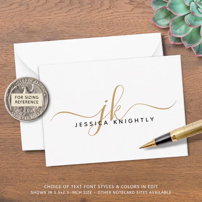 Elegant Script Monogram Initials Name Gold Black Note Card | Zazzle
