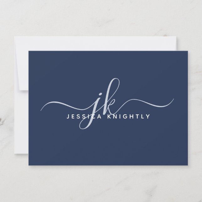 Elegant Script Monogram Initials Name Navy Blue Note Card (Front)