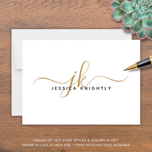 Elegant Script Monogram Initials Name White Gold Note Card