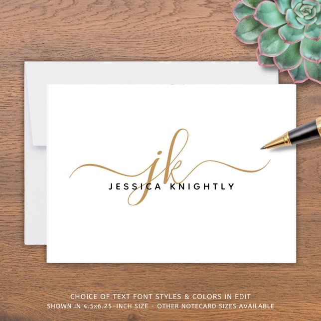 Elegant Script Monogram Initials Name White Gold Note Card (Creator Uploaded)