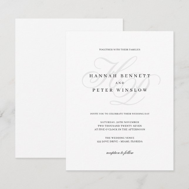 Elegant Script Monogram Initials White Wedding Invitation (Front/Back)