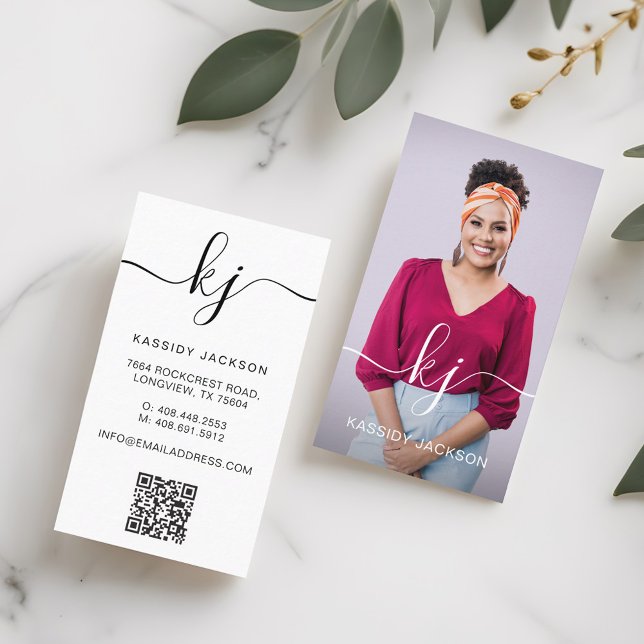 Elegant Script Monogram Logo Photo & QR Code Business Card (Elegant Script Monogram Logo Photo & QR Code Business Card)