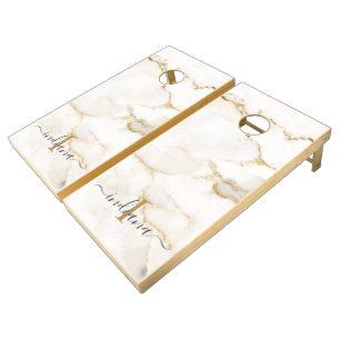 Elegant Script Monogram Marble Pattern Cornhole Set