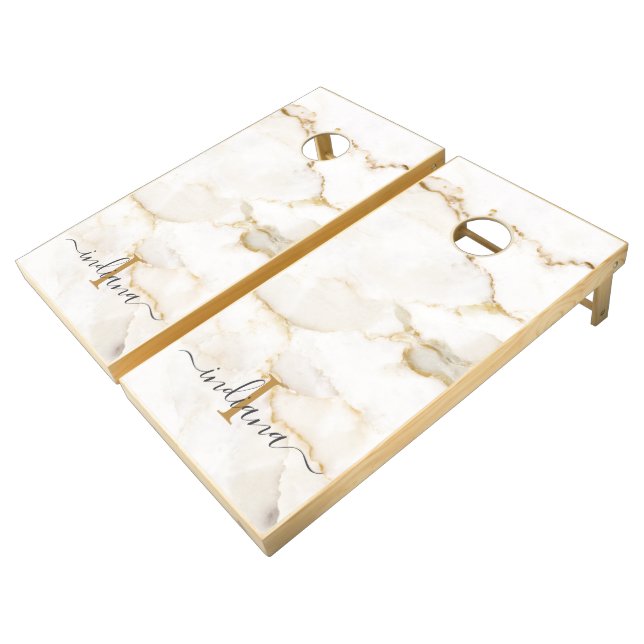 Elegant Script Monogram Marble Pattern Cornhole Set (Angled)