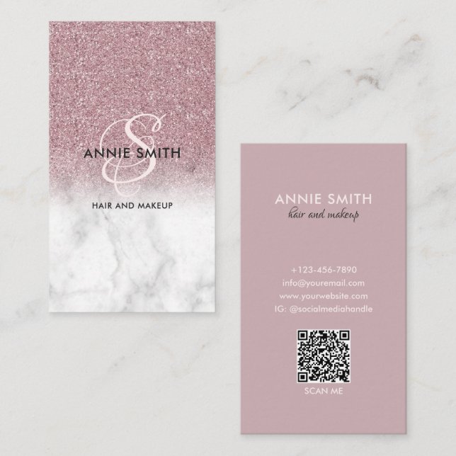  Elegant Script Monogram Marble Rose Gold Glitter Business Card (Front/Back)