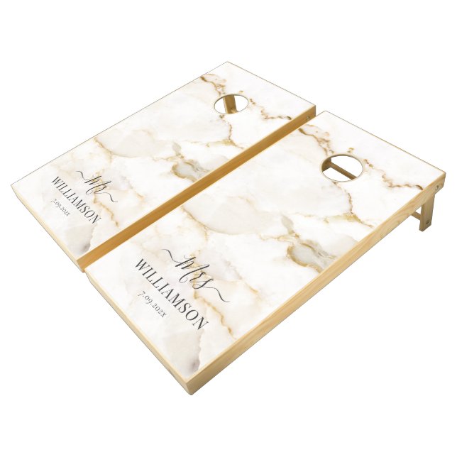 Elegant Script Monogram Marble Wedding Cornhole Set (Angled)