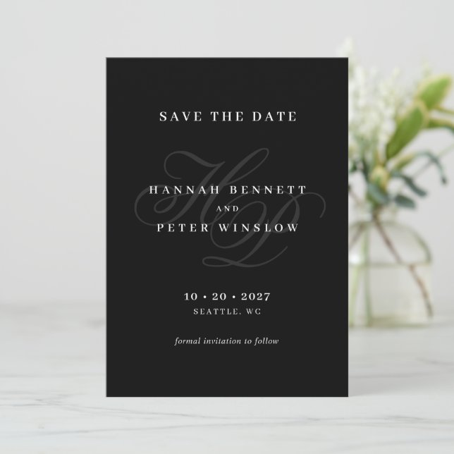 Elegant Script Monogram Minimal Black Wedding Save The Date (Standing Front)