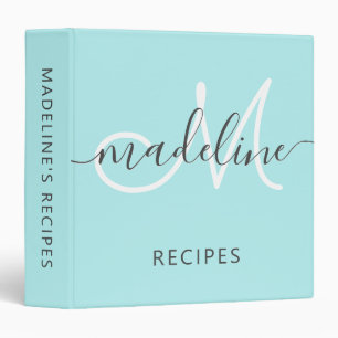 Elegant Script Monogram Name Aqua Recipe 3 Ring Binder