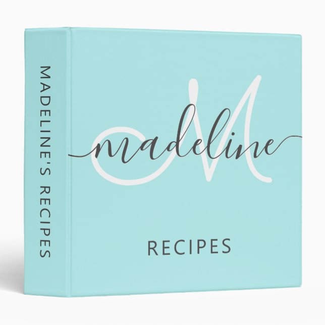 Elegant Script Monogram Name Aqua Recipe 3 Ring Binder (Front/Spine)