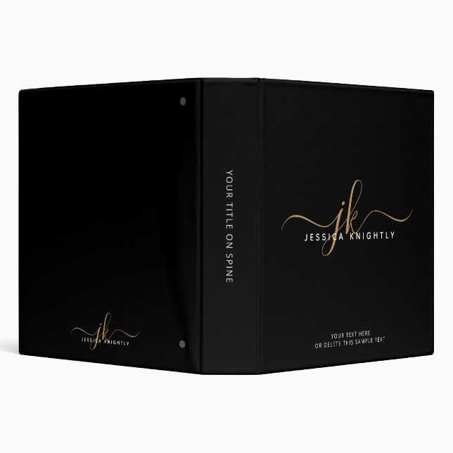 Elegant Script Monogram Name Black Gold Recipe 3 Ring Binder (Background)