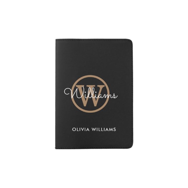 Elegant Script Monogram Name Black Gold White Pass Passport Holder (Front)
