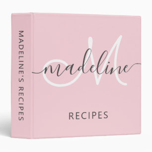 Elegant Script Monogram Name Blush Pink Recipe 3 Ring Binder