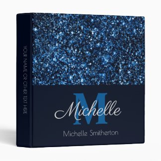 Elegant Script Monogram Navy Blue Glitter 3 Ring Binder