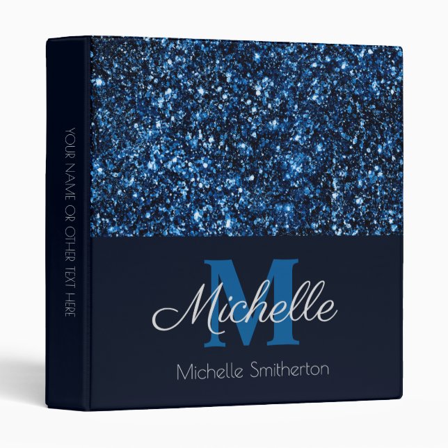 Elegant Script Monogram Navy Blue Glitter  3 Ring Binder (Front/Spine)