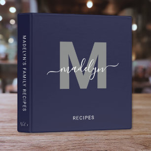 Elegant Script Monogram Navy Blue Recipe 3 Ring Binder