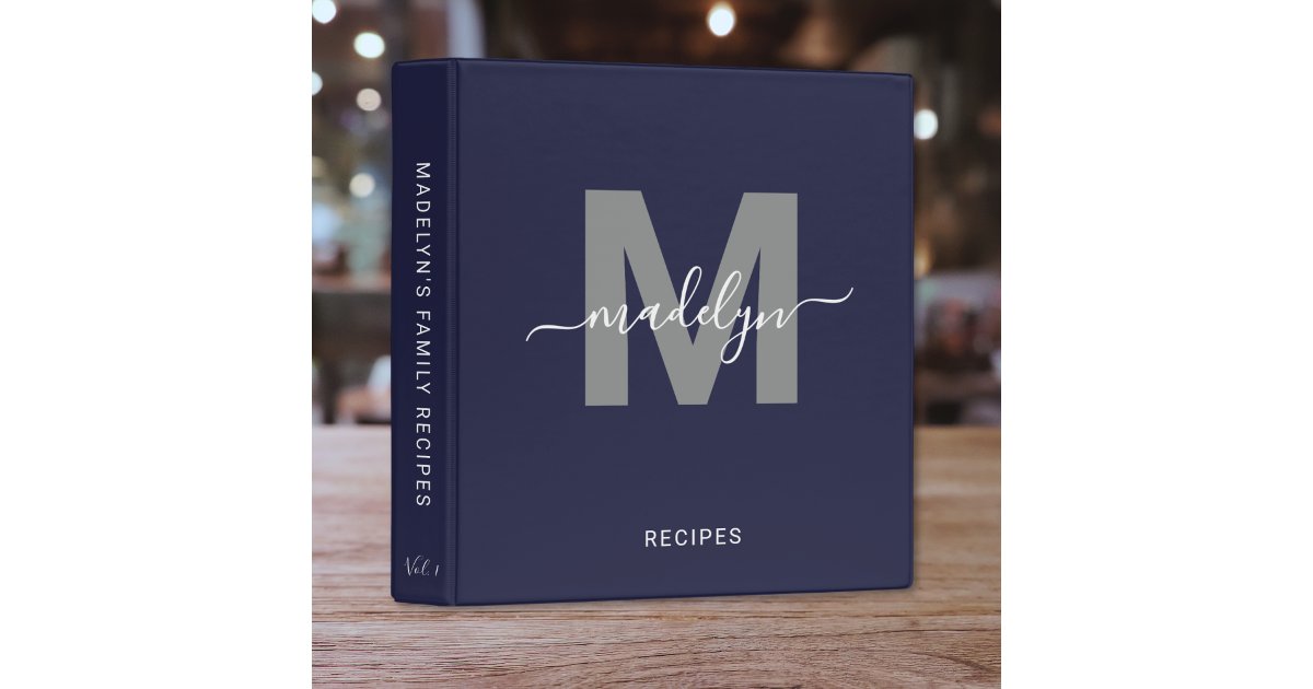 Elegant Script Monogram Navy Blue Recipe 3 Ring Binder | Zazzle