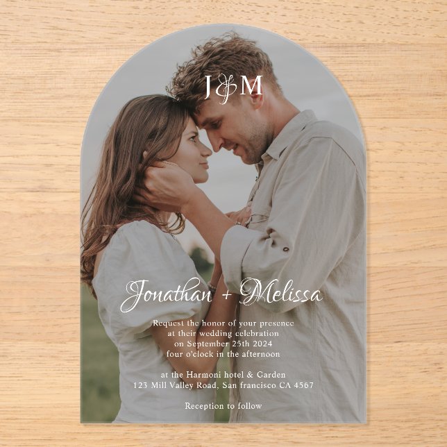 Elegant Script & Monogram Overlay Photo Wedding Acrylic Invitations (Front)
