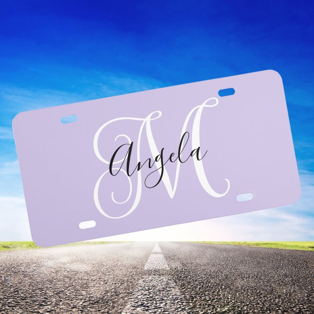 Elegant Script Monogram Pale Lavender License Plate (Create Your Own Girly Personalized Monogram Decorative License Plate)