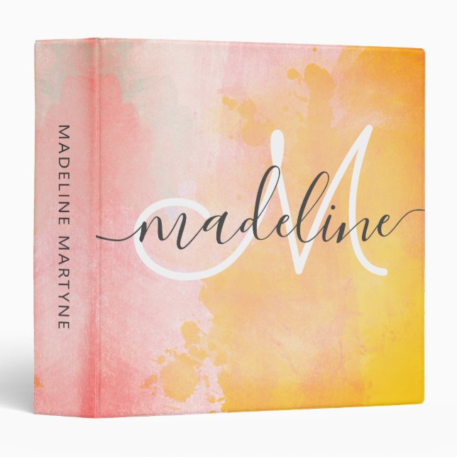Elegant Script Monogram Pastel Watercolor 3 Ring Binder (Front/Spine)