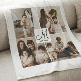 Elegant Script Monogram Photo Collage Fleece Blanket