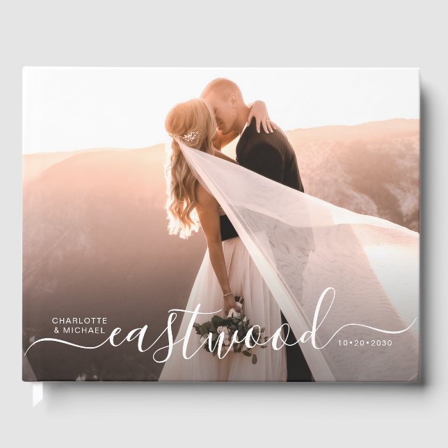 Elegant Script Monogram Photo Wedding Guest Book (Front)