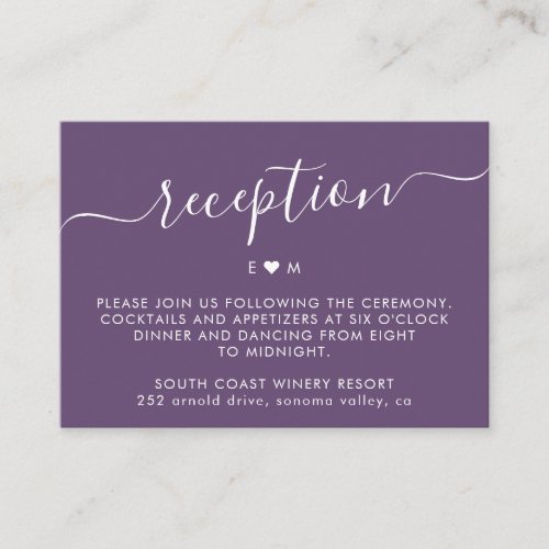 Elegant Script Monogram Purple Wedding Reception Enclosure Card