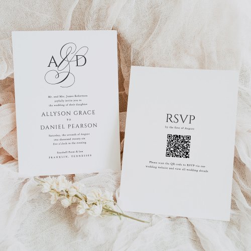Elegant Script Monogram QR Code Classic Wedding Invitation