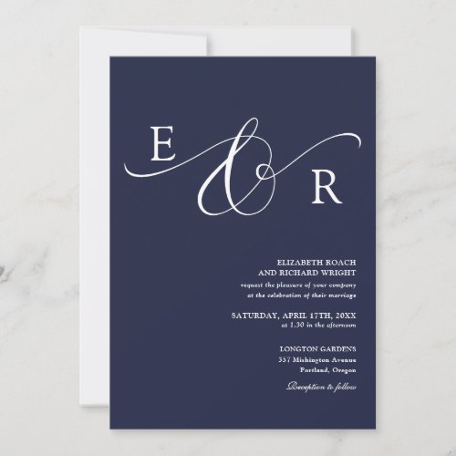 Elegant Script Monogram QR Code Navy Blue Wedding Invitation