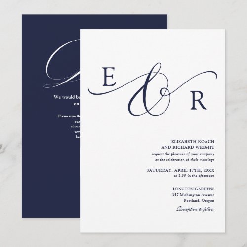 Elegant Script Monogram QR Code Navy Blue Wedding Invitation