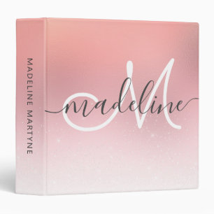Elegant Script Monogram Rose Gold Glitter 3 Ring Binder