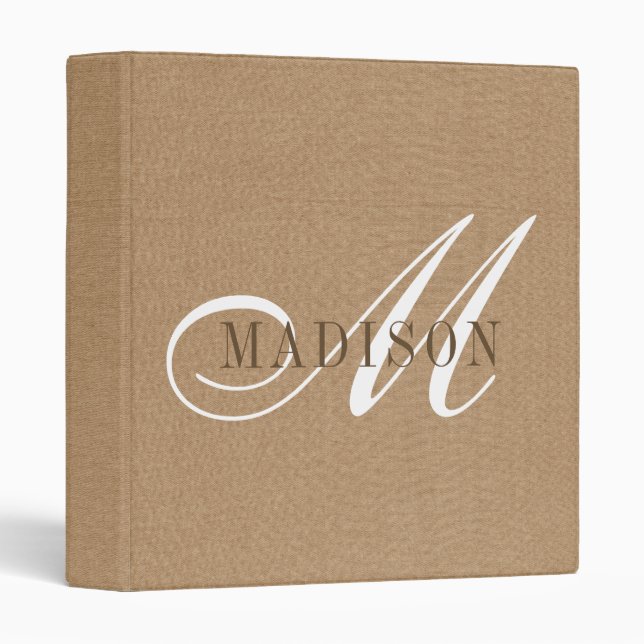 Elegant Script Monogram Sand Faux Linen  3 Ring Binder (Front/Spine)