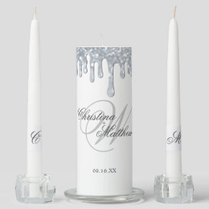 Elegant Script Monogram Sparkle Drip Wedding Unity Candle Set