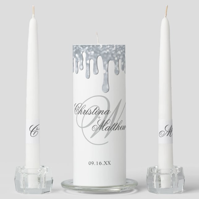 Elegant Script Monogram Sparkle Drip Wedding Unity Candle Set (Front)