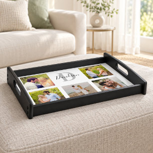Elegant Script Monogram Wedding Photo Collage Serving Tray