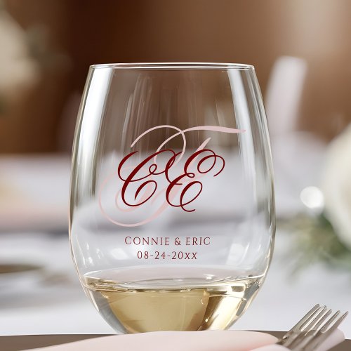 Elegant Script Monogram Wedding Stemless Wine Glass