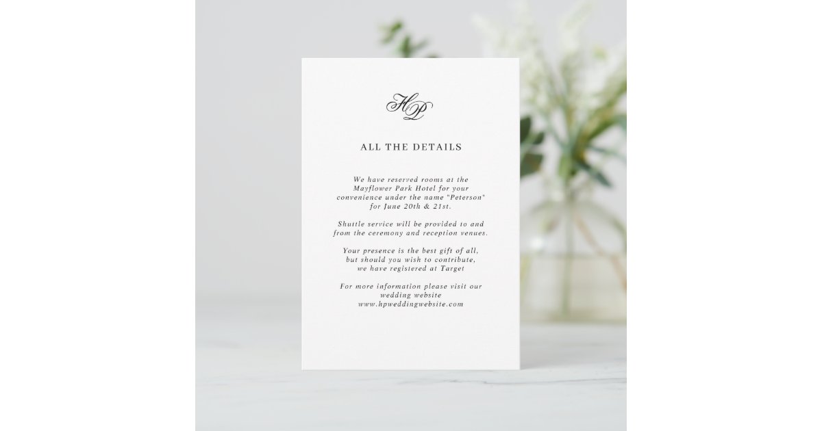 Elegant Script Monogram White Wedding Details Enclosure Card | Zazzle