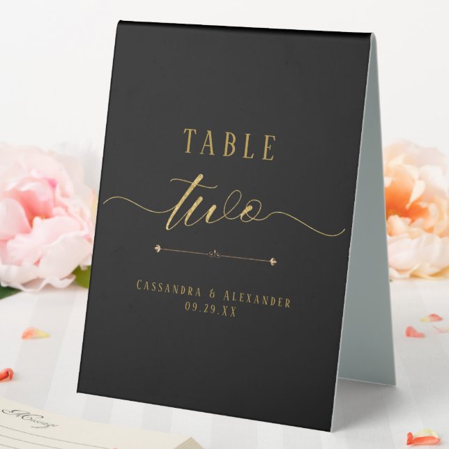 Elegant Script Moody Black Gold Wedding Two 2 Tabl Table Tent (In SItu (Wedding))
