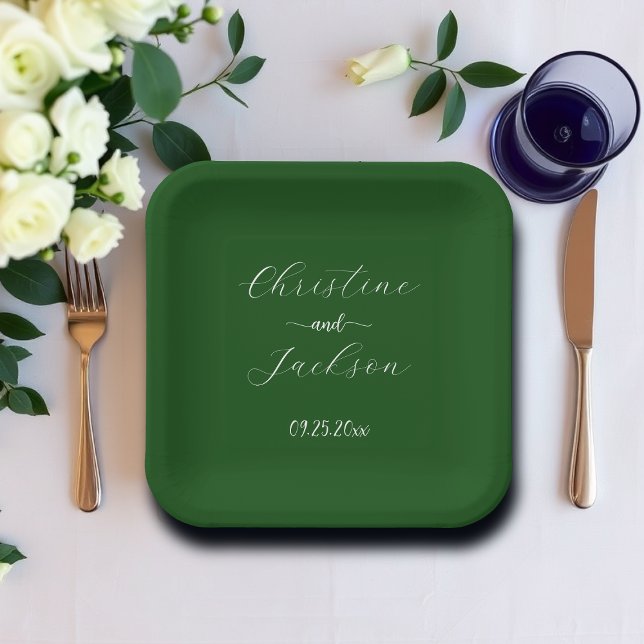 Elegant Script Moss Green Wedding Paper Plates (Creator Uploaded)