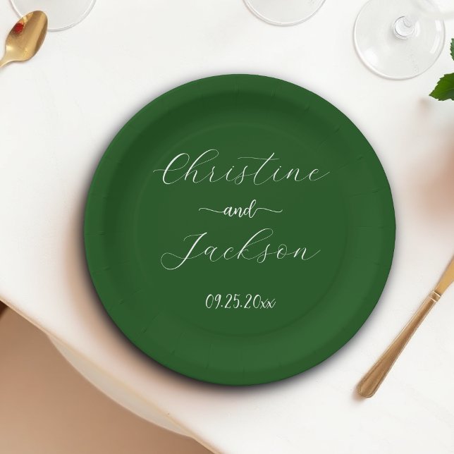 Elegant Script Moss Green Wedding Paper Plates (Creator Uploaded)